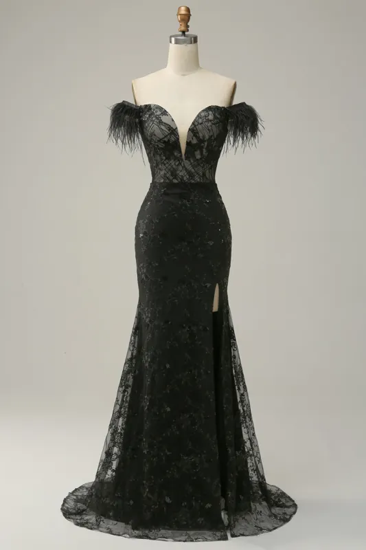 Mermaid Off the Shoulder Black Long Prom Dress with Feather sold by Zapaka