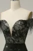 Mermaid Off the Shoulder Black Long Prom Dress with Feather sold by Zapaka