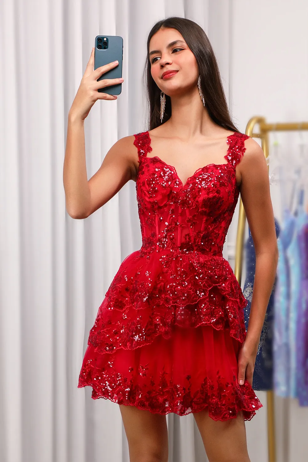 Sparkly Red Corset Tiered Lace A-Line Short Homecoming Dress sold by Zapaka product image thumbnail 4