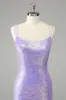 Unique Sparkly Lilac Tight Sequins Short Homecoming Dress with Tassels sold by Zapaka