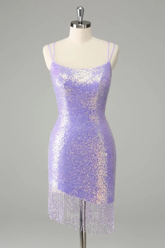 Unique Sparkly Lilac Tight Sequins Short Homecoming Dress with Tassels sold by Zapaka