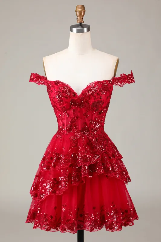 Sparkly Red Corset Tiered Lace A-Line Short Homecoming Dress made by Zapaka