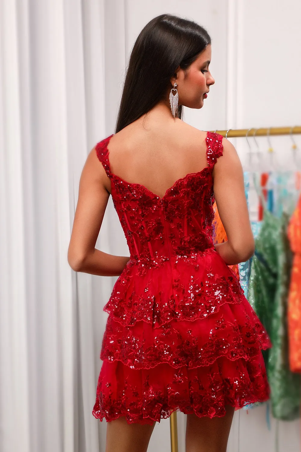 Sparkly Red Corset Tiered Lace A-Line Short Homecoming Dress sold by Zapaka product image thumbnail 5
