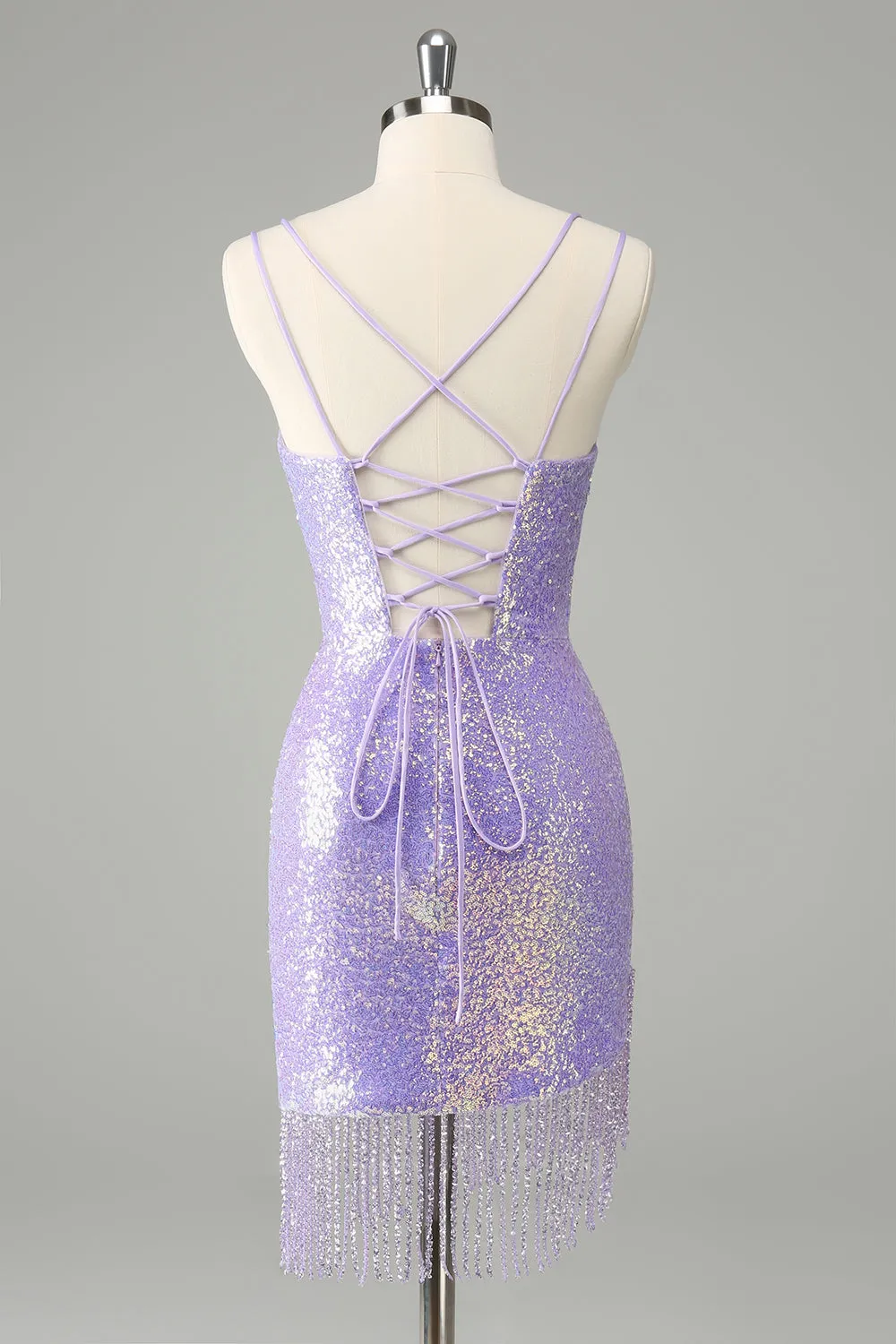 Unique Sparkly Lilac Tight Sequins Short Homecoming Dress with Tassels sold by Zapaka product image thumbnail 2