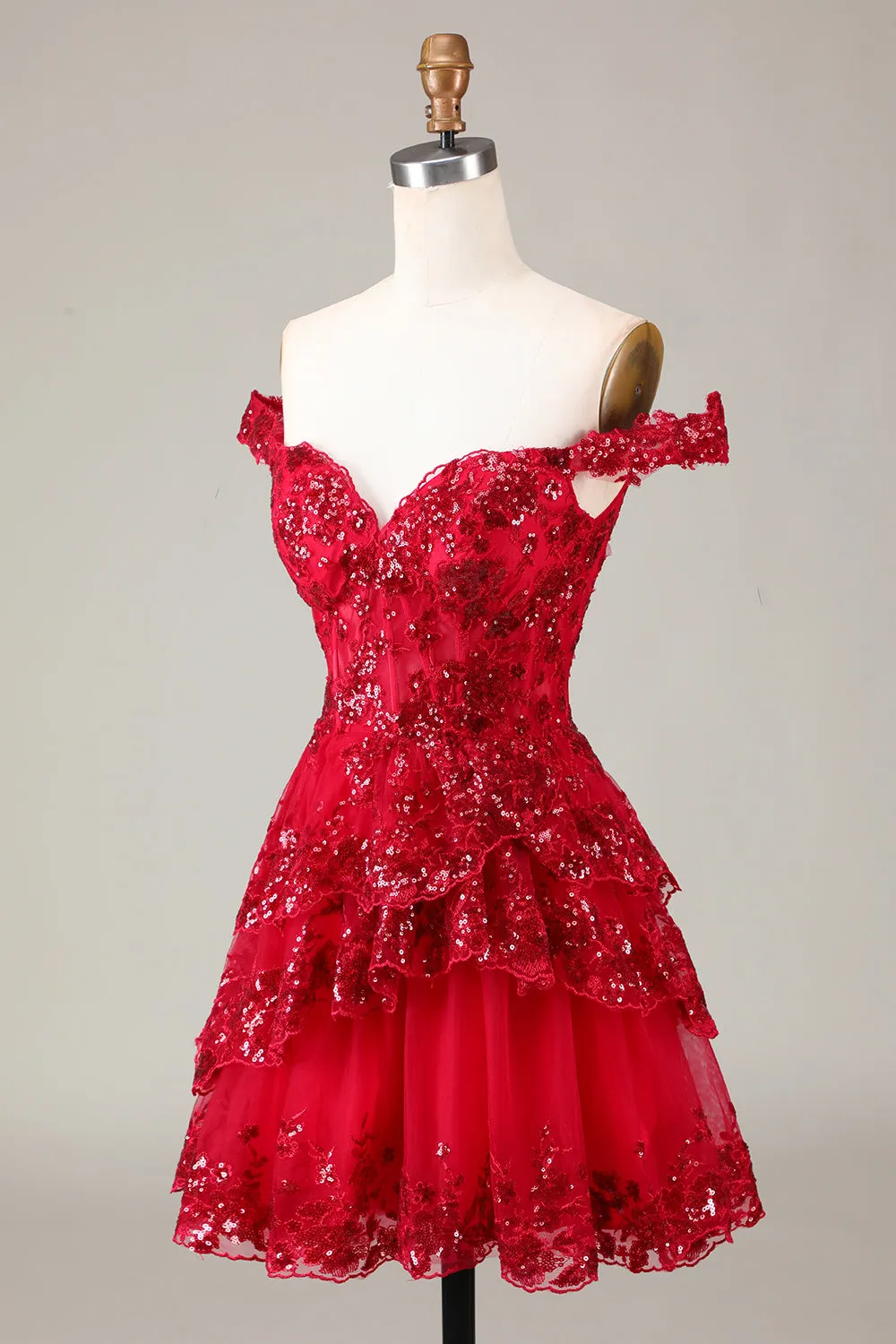 Sparkly Red Corset Tiered Lace A-Line Short Homecoming Dress sold by Zapaka product image thumbnail 3