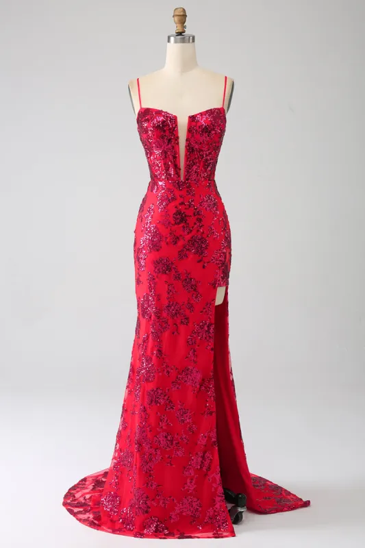 Mermaid Dark Red Sequins Prom Dress with Slit sold by Zapaka