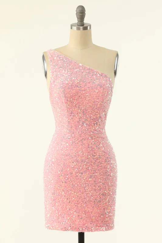 Pink One Shoulder Sequins Tight Homecoming Dress sold by Zapaka