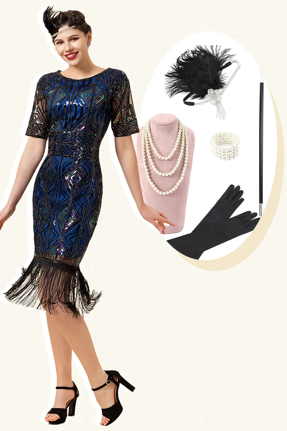 Navy Sequins Fringes Flapper Dress with 1920s Accessories Set sold by Zapaka