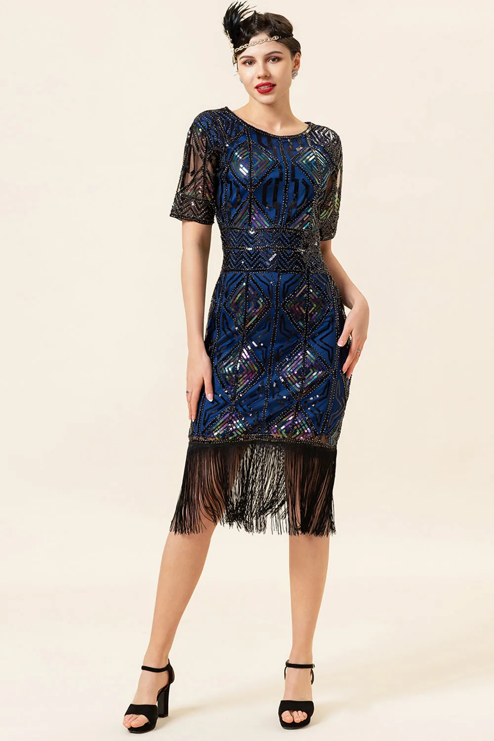 Navy Sequins Fringes Flapper Dress with 1920s Accessories Set sold by Zapaka product image thumbnail 2