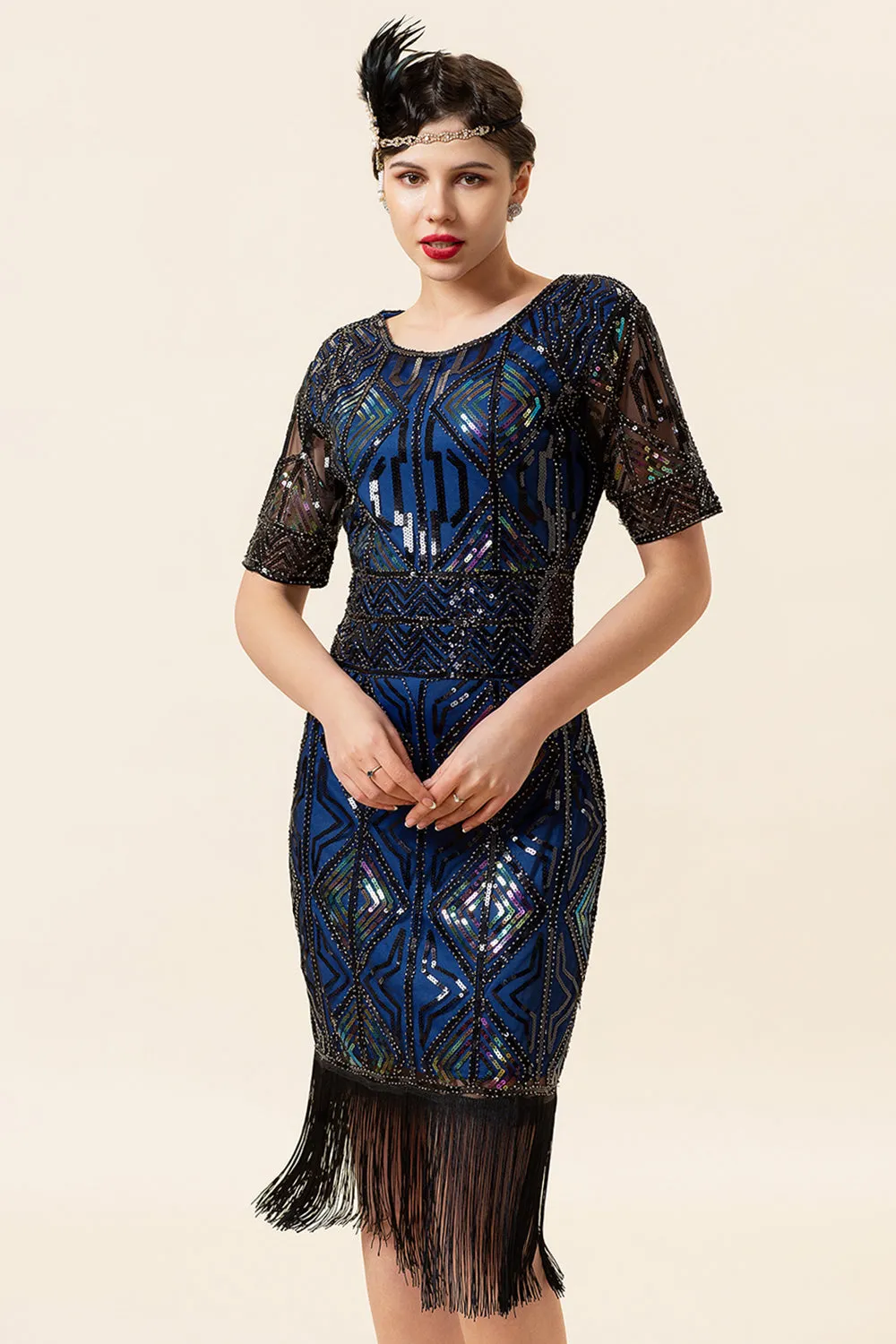Navy Sequins Fringes Flapper Dress with 1920s Accessories Set sold by Zapaka product image thumbnail 3