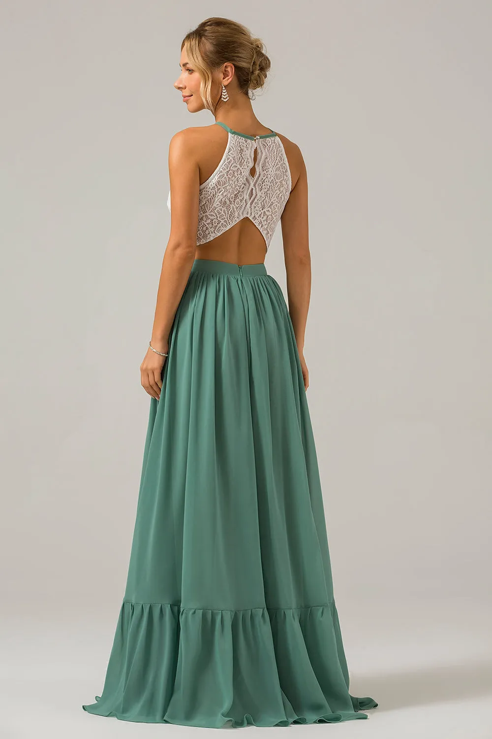 Eucalyptus Keyhole Boho Chiffon Long Bridesmaid Dress with Lace sold by Zapaka product image thumbnail 2