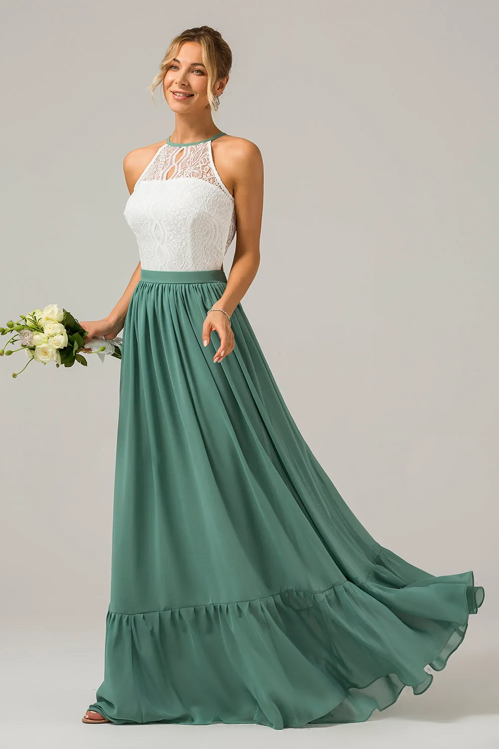 Eucalyptus Keyhole Boho Chiffon Long Bridesmaid Dress with Lace sold by Zapaka product image thumbnail 3
