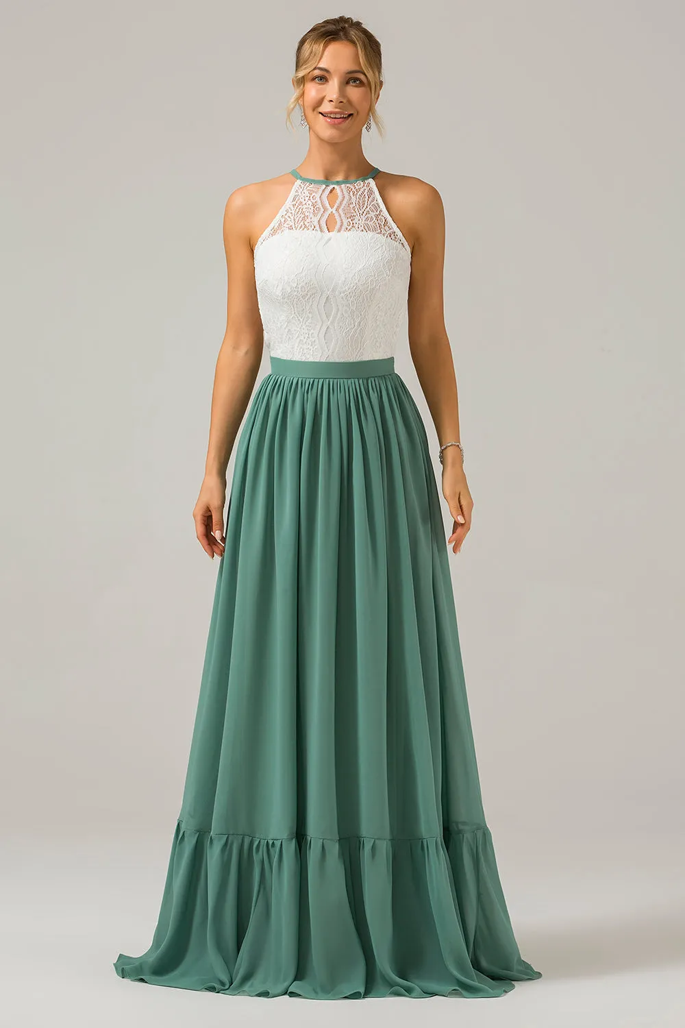 Eucalyptus Keyhole Boho Chiffon Long Bridesmaid Dress with Lace sold by Zapaka