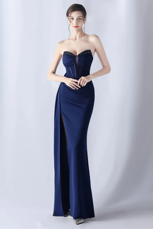 Navy Mermaid Strapless Long Corset Prom Dress with Slit sold by Zapaka