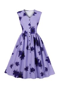 V-Neck Sleeveless Printed Purple Vintage Dress with Button sold by Zapaka