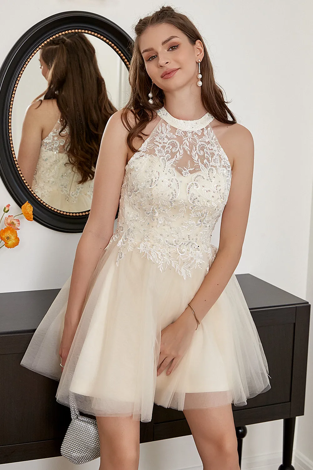 Champagne Beaded Halter Tulle Cute Homecoming Dress sold by Zapaka product image thumbnail 4