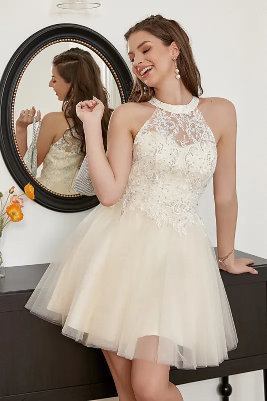 Champagne Beaded Halter Tulle Cute Homecoming Dress sold by Zapaka