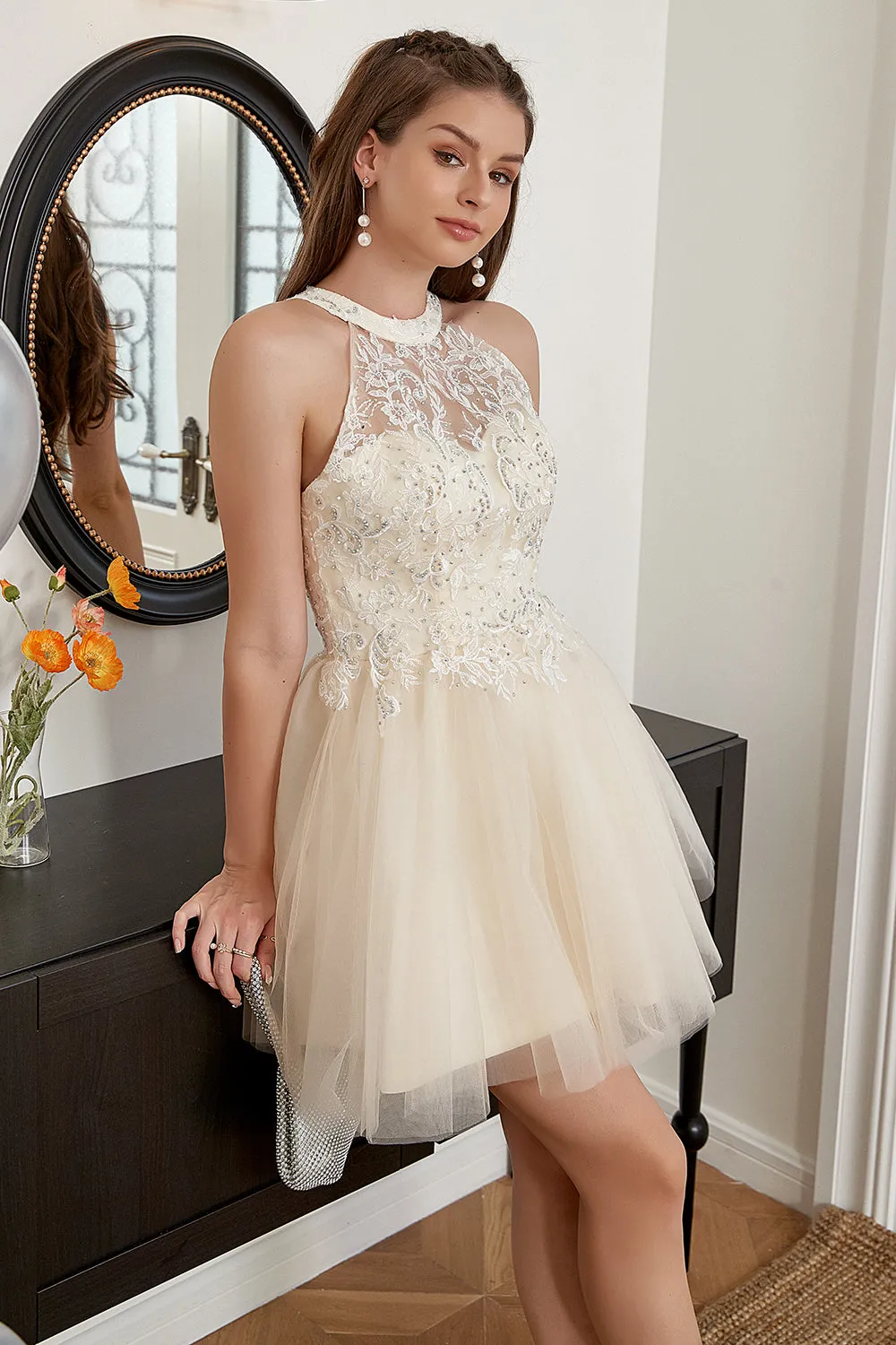 Champagne Beaded Halter Tulle Cute Homecoming Dress sold by Zapaka product image thumbnail 5