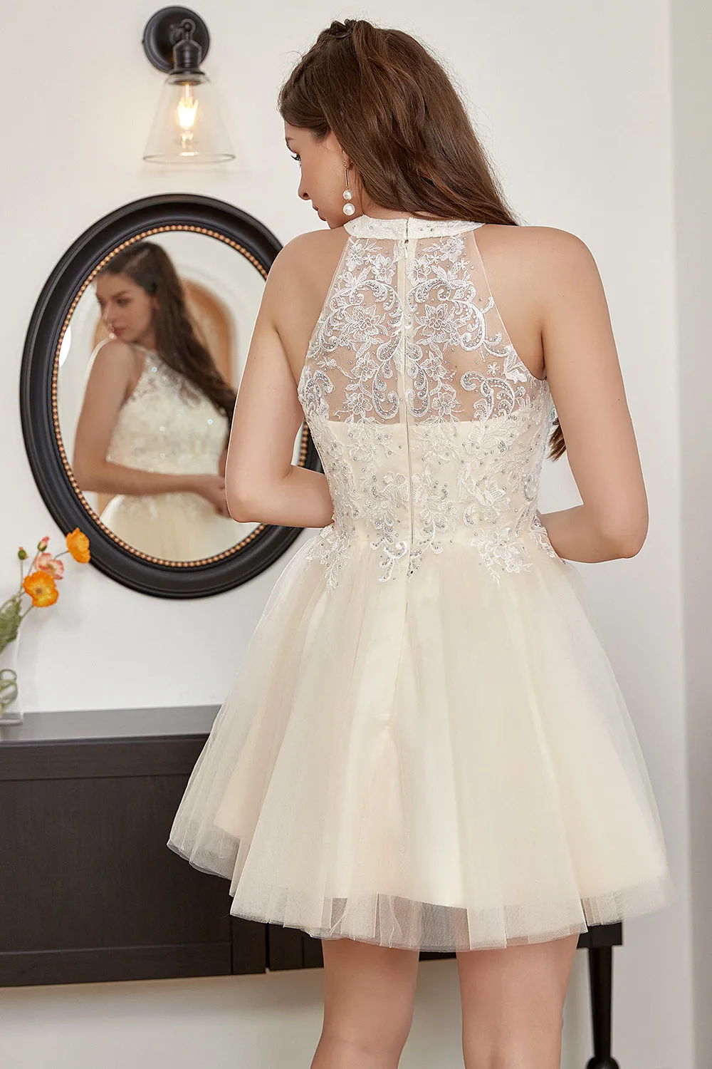 Champagne Beaded Halter Tulle Cute Homecoming Dress sold by Zapaka product image thumbnail 2