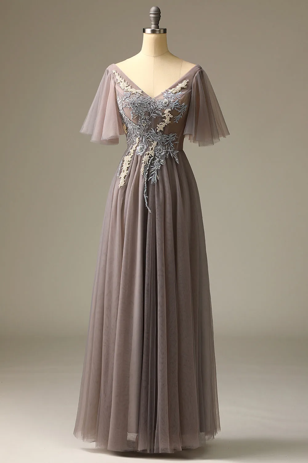 Grey V Neck Prom Dress sold by Zapaka