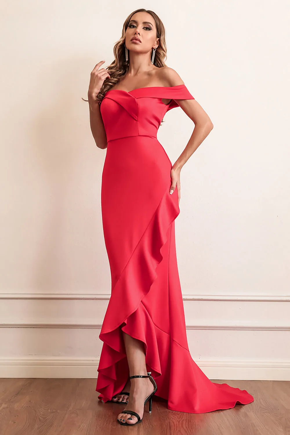 Red Sheath Off The Shoulder Prom Dress With Ruffles sold by Zapaka product image thumbnail 3