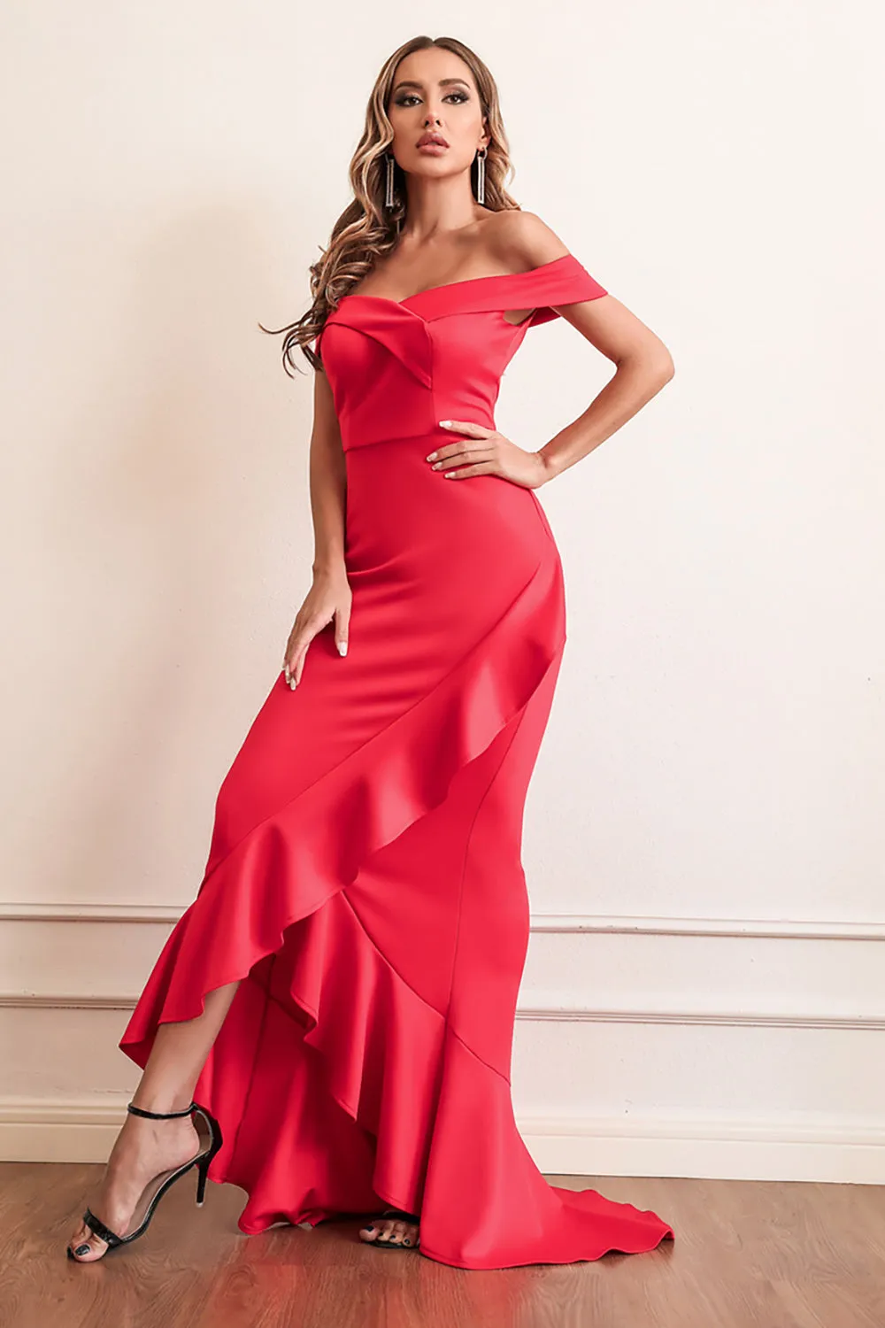 Red Sheath Off The Shoulder Prom Dress With Ruffles sold by Zapaka product image thumbnail 4