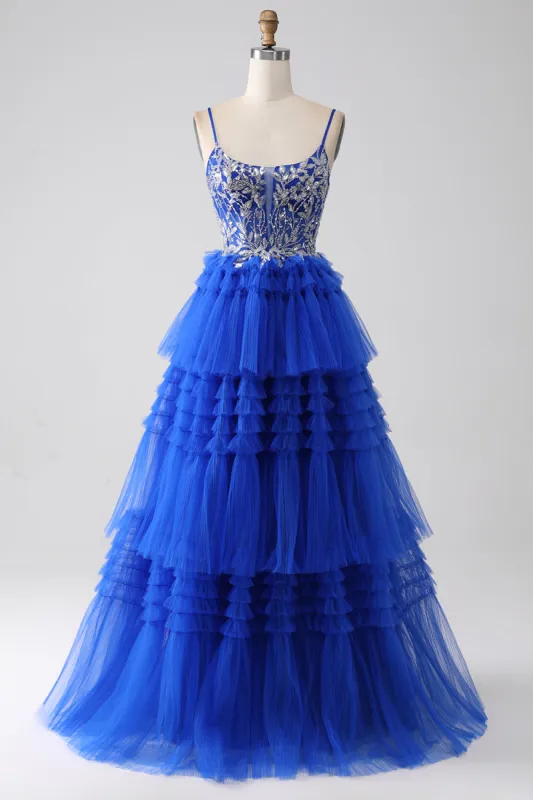 Royal Blue Tiered Prom Dress with Sequins sold by Zapaka