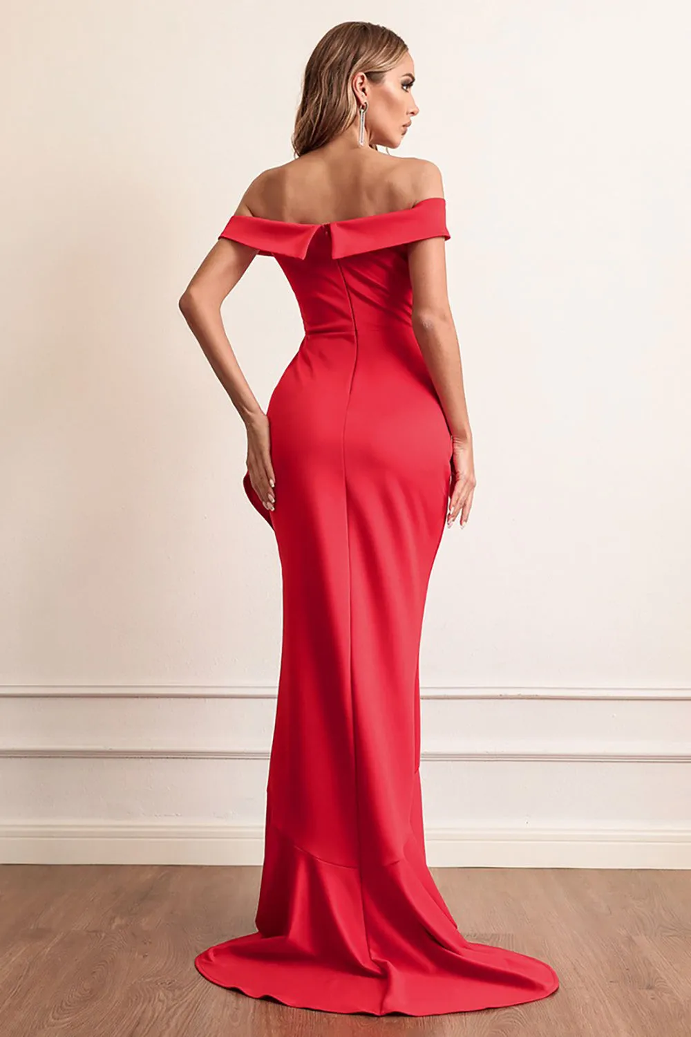 Red Sheath Off The Shoulder Prom Dress With Ruffles sold by Zapaka product image thumbnail 2
