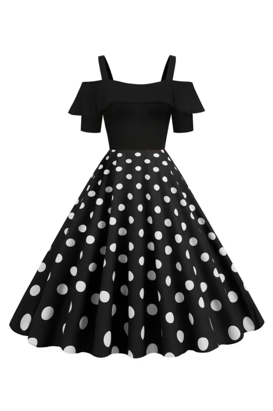 Black Cold Shoulder Polka Dots 1950s Dress sold by Zapaka