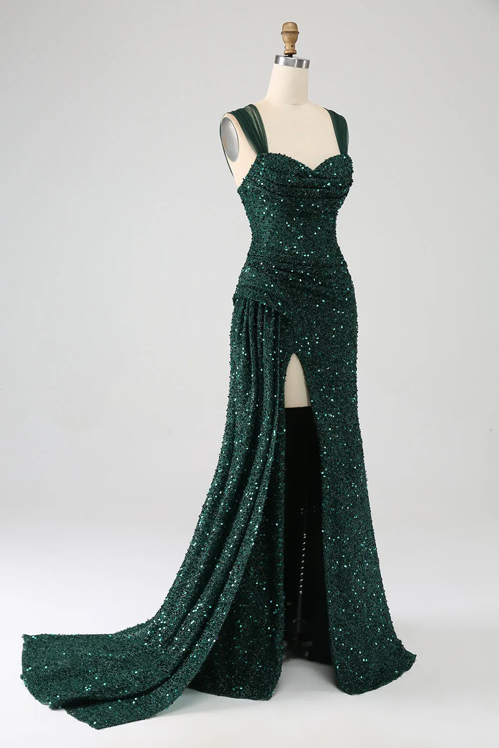 Dark Green Sheath Sparkly Sequin Pleated Long Prom Dress With Thigh Split sold by Zapaka product image thumbnail 3
