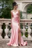 Blush Mermaid Spaghetti Straps Satin Long Prom Dress with Slit sold by Zapaka
