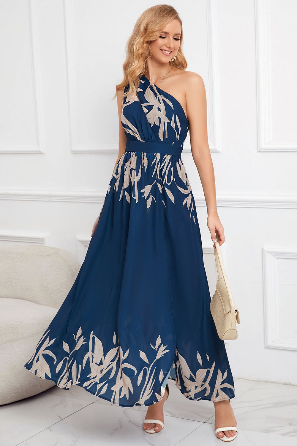 Blue One Shoulder A line Printed Summer Dress with Slit sold by Zapaka product image thumbnail 3