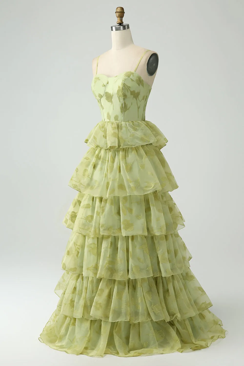 Green Flower A Line Spaghetti Straps Long Prom Dress With Ruffles sold by Zapaka product image thumbnail 3