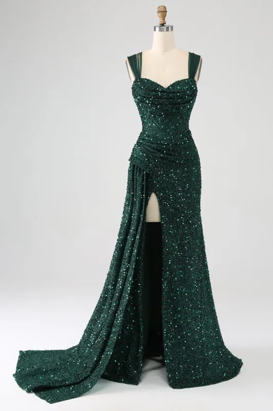 Dark Green Sheath Sparkly Sequin Pleated Long Prom Dress With Thigh Split sold by Zapaka