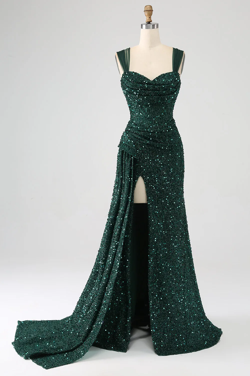 Dark Green Sheath Sparkly Sequin Pleated Long Prom Dress With Thigh Split sold by Zapaka