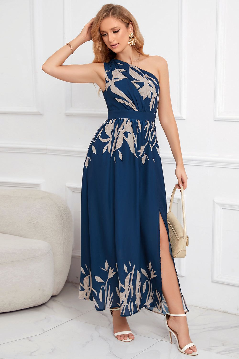 Blue One Shoulder A line Printed Summer Dress with Slit sold by Zapaka product image thumbnail 4
