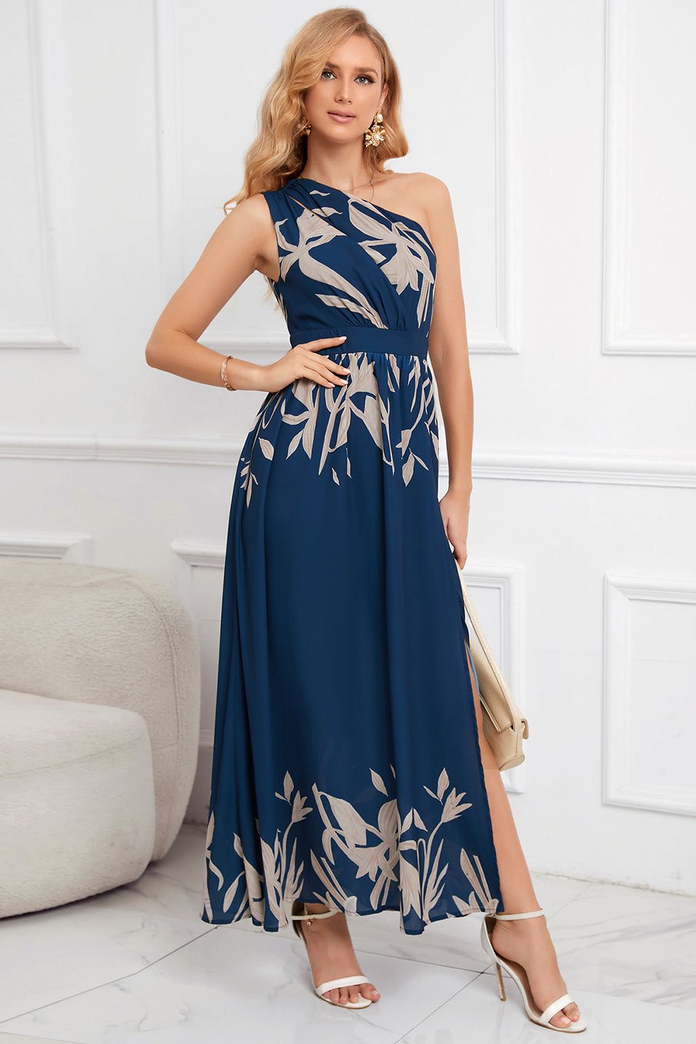 Blue One Shoulder A line Printed Summer Dress with Slit sold by Zapaka