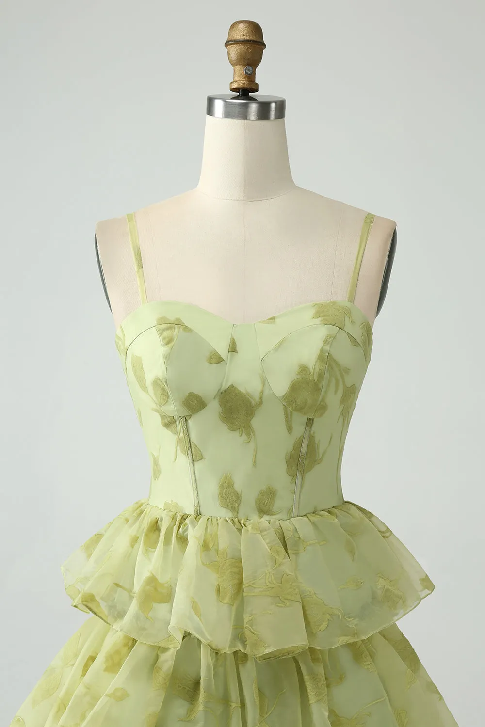 Green Flower A Line Spaghetti Straps Long Prom Dress With Ruffles sold by Zapaka product image thumbnail 4
