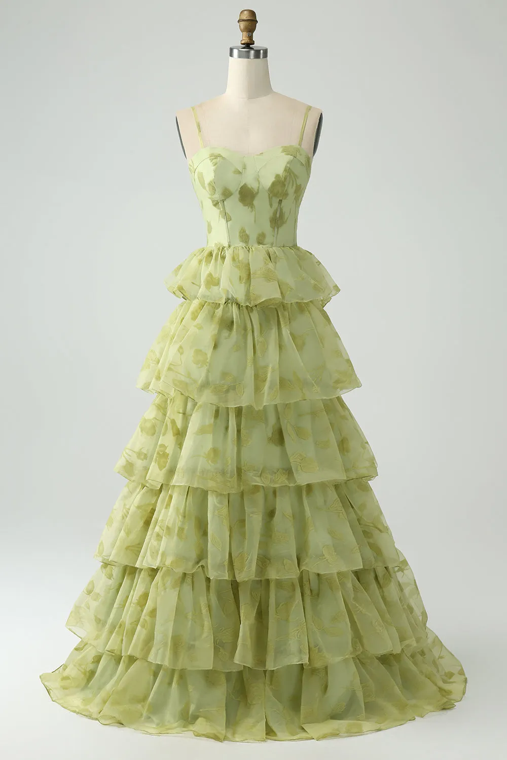 Green Flower A Line Spaghetti Straps Long Prom Dress With Ruffles sold by Zapaka