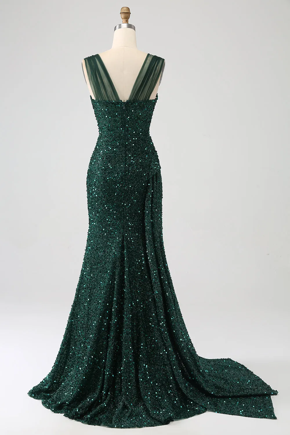 Dark Green Sheath Sparkly Sequin Pleated Long Prom Dress With Thigh Split sold by Zapaka product image thumbnail 2