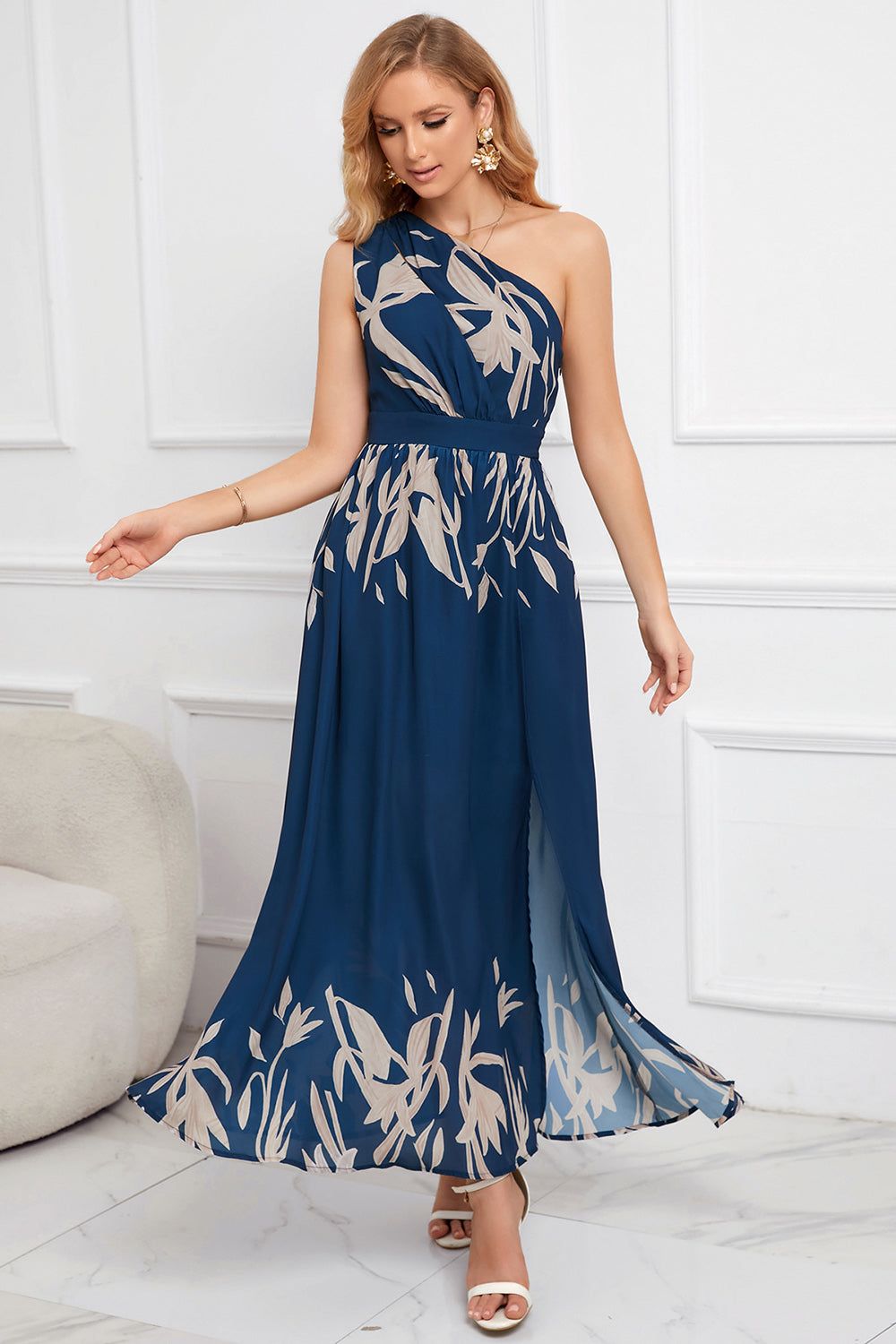 Blue One Shoulder A line Printed Summer Dress with Slit sold by Zapaka product image thumbnail 5