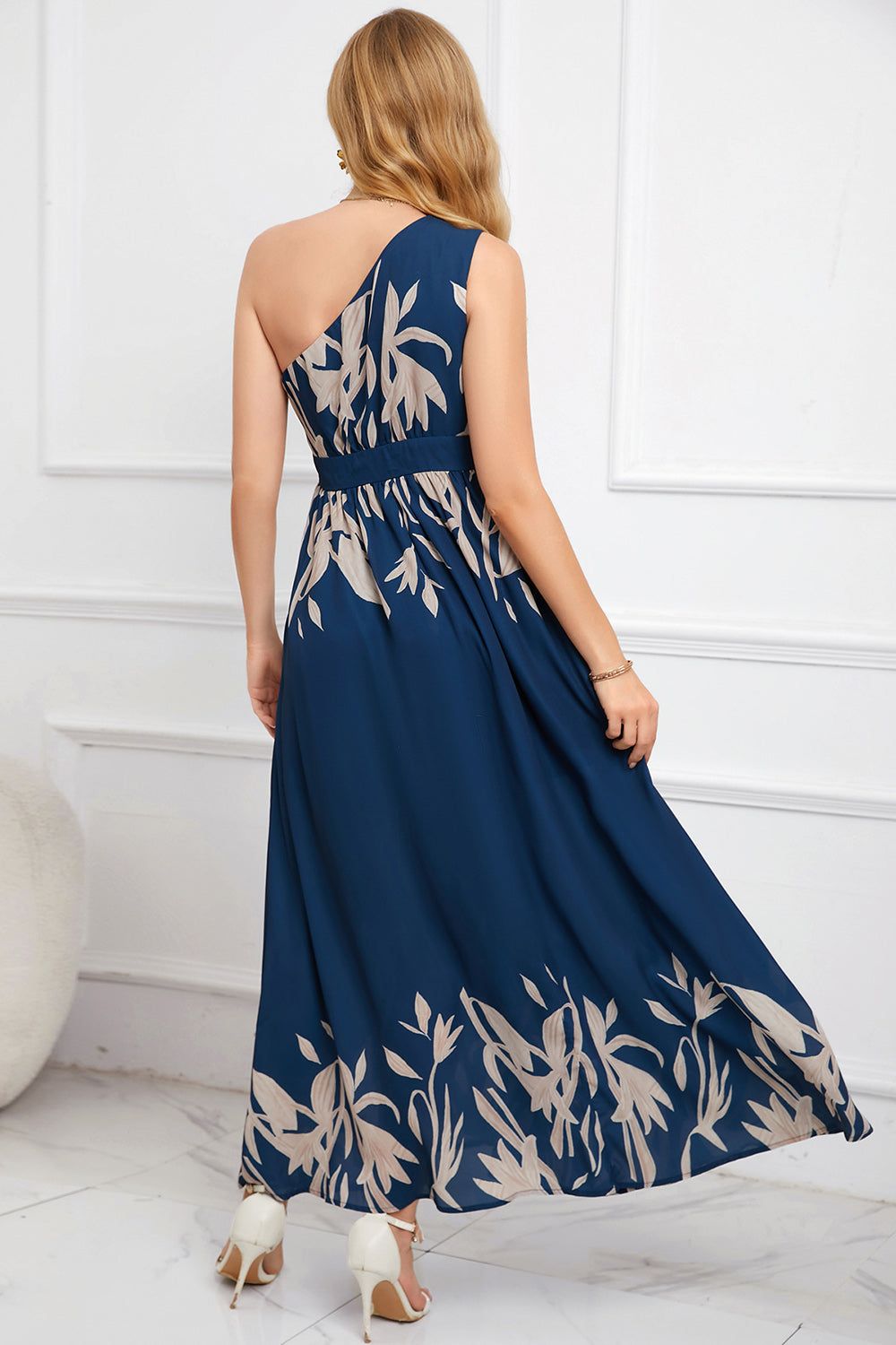 Blue One Shoulder A line Printed Summer Dress with Slit sold by Zapaka product image thumbnail 2