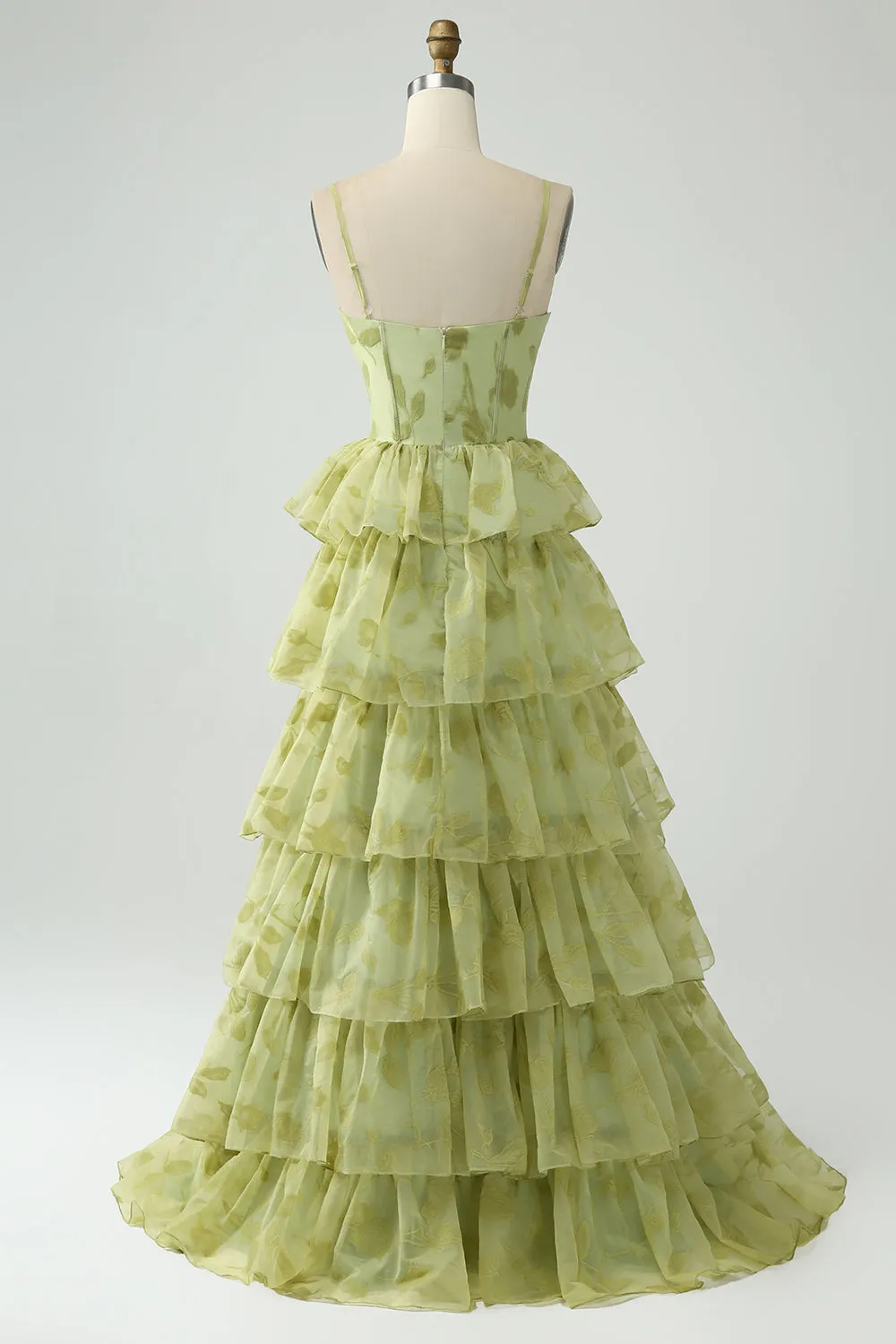 Green Flower A Line Spaghetti Straps Long Prom Dress With Ruffles sold by Zapaka product image thumbnail 2