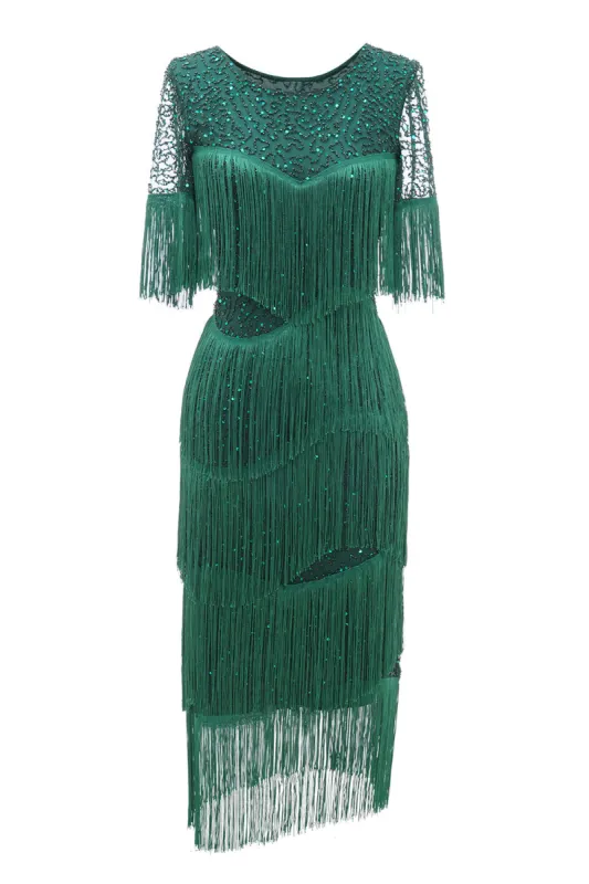 Dark Green Round Neck 1920s Dress With Fringes sold by Zapaka