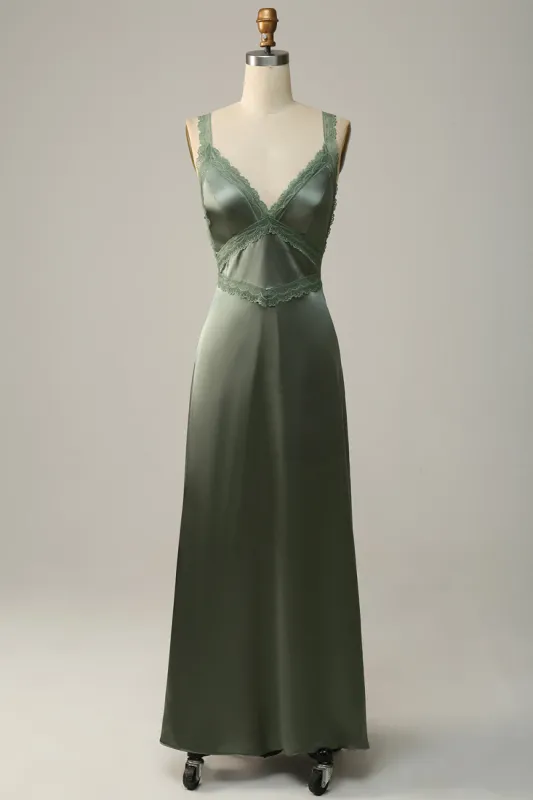 V-Neck Open Back Dusty Green Bridesmaid Dress with Lace sold by Zapaka