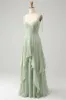 Matcha A-Line Spaghetti Straps Chiffon Bridesmaid Dress with Ruffles sold by Zapaka