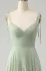 Matcha A-Line Spaghetti Straps Chiffon Bridesmaid Dress with Ruffles sold by Zapaka