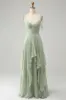 Matcha A-Line Spaghetti Straps Chiffon Bridesmaid Dress with Ruffles sold by Zapaka