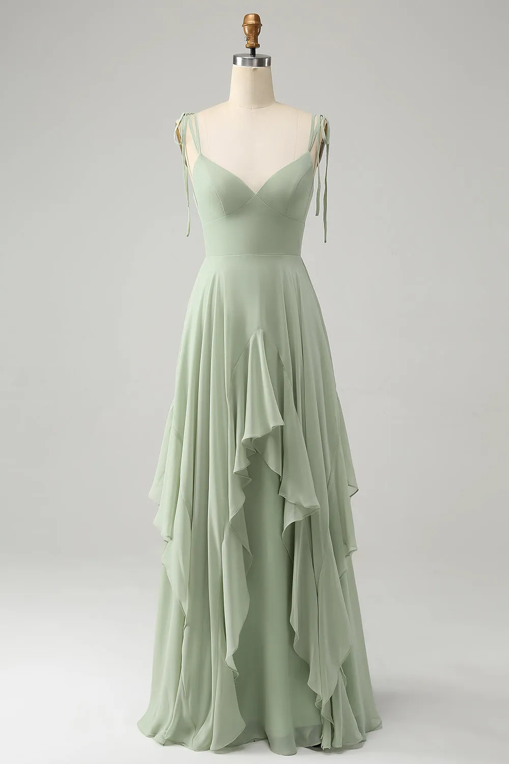 Matcha A-Line Spaghetti Straps Chiffon Bridesmaid Dress with Ruffles sold by Zapaka