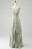 Matcha A-Line Spaghetti Straps Chiffon Bridesmaid Dress with Ruffles sold by Zapaka